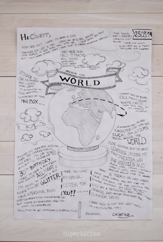 Superkitina snailmail carta dibujo mapamundi penpal